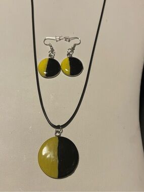 Yellow & Black Half-Moon Pendant Necklace with Matching Earrings